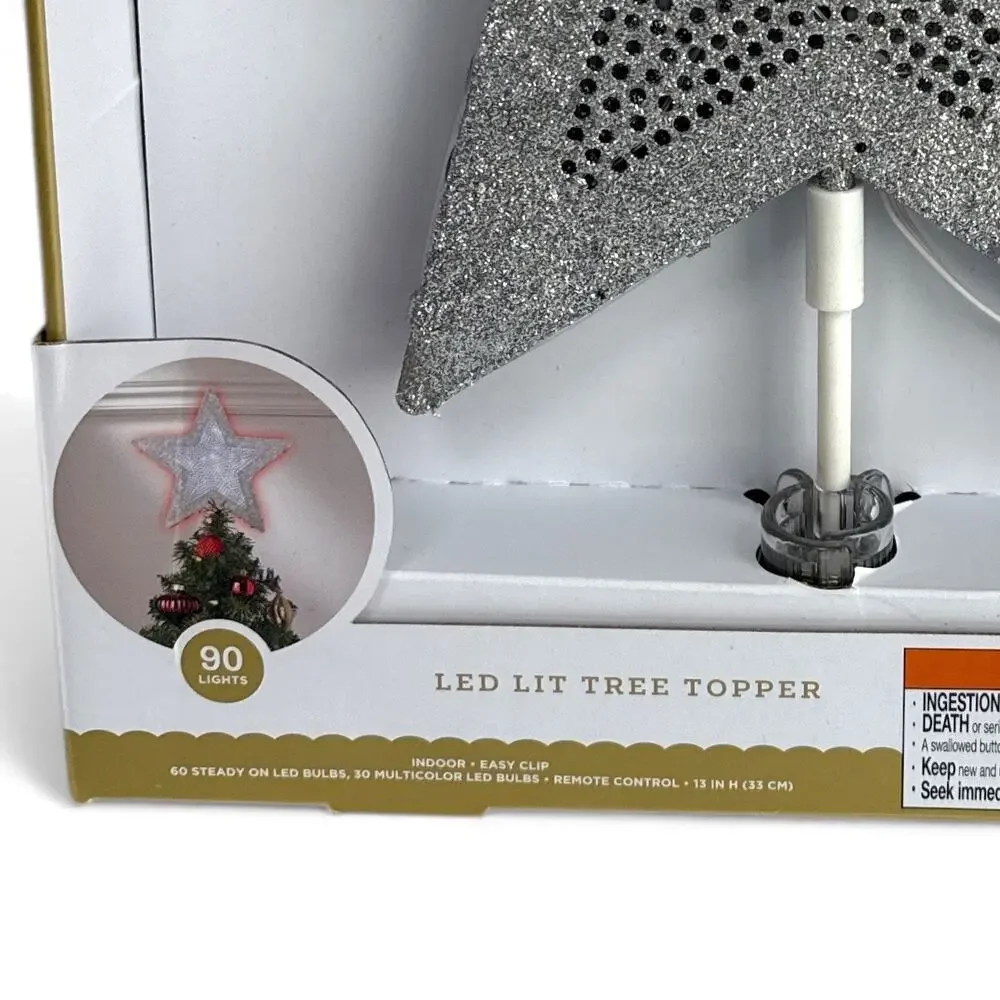 Wondershop LED Star Tree Topper Silver Glitter 90 Lights Christmas NEW